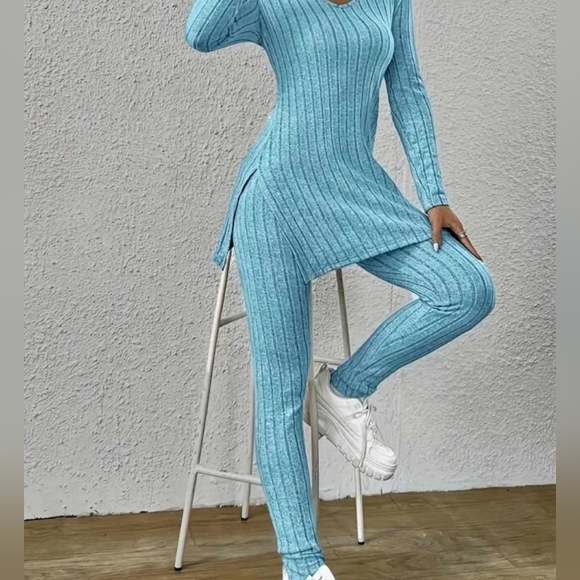 Casual ribbed two pieces set The neck long sleep crop top and pants Size L - Picture 5 of 7